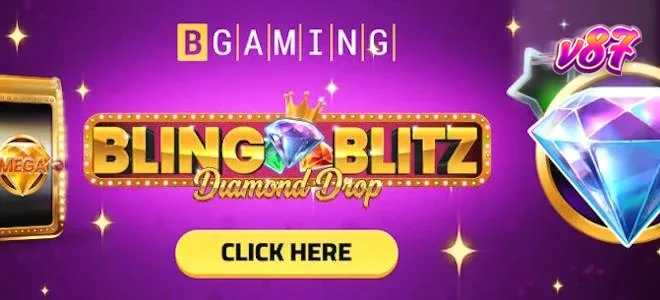Tampilan visual mewah dari game slot Bling Blitz Diamond Drop dengan elemen berlian dan koin.